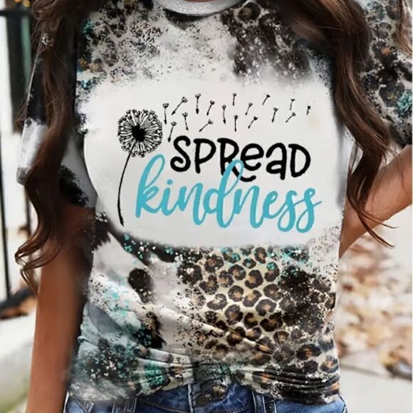 NEW! Boho Spread Kindness Graphic Print T Shirt Dandelion Trendy Leopard Cow - Picture 1 of 3
